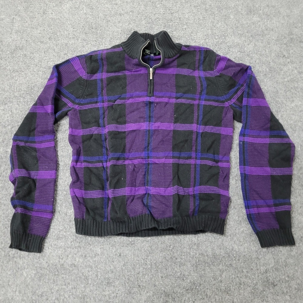 Lauren Ralph Lauren Sweater Womens Size PL Purple Black Plaid Cotton Quarter Zip